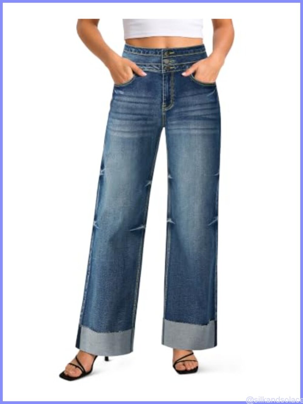 High Waisted Wide Leg Jeans - Stretchy Denim Cuffed Hem